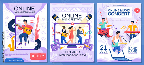 Concert posters set. Online concert of famous musicians and singers event poster. Music performance festival advertising banner. Artists on phone screen guitarist singer and musical instruments scenes