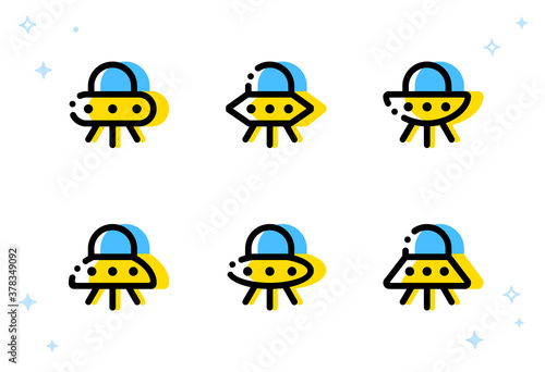 Space Aliens. UFO icon. Vector flying saucers. UFO abducts human. Game units. Game art. Spaceship icon. Space vehicle. Children toy. Cartoon spaceship. Space invader. Set of flying saucers. Spacecraft