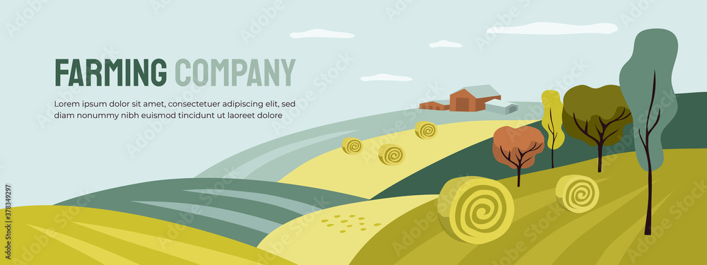 Design for farming with agricultural field and building. Farm landscape ...