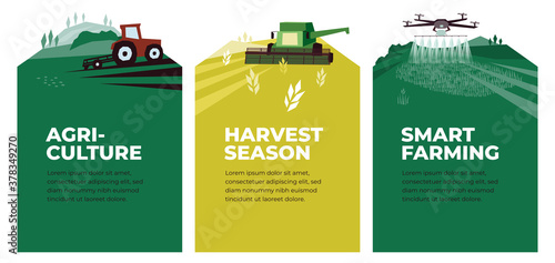 Set of vectors with agriculture, harvest, smart farming. Illustrations of plowing tractor in field, combine harvester, drone in farm land. Landscape scenes. Agricultural banners. Design poster, flyer