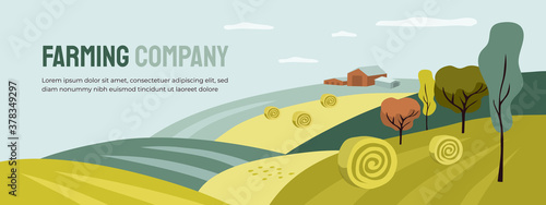 Design for farming with agricultural field and building. Farm landscape, hay rolls, panoramic scenery of countryside. Horizontal illustration of harvest, autumn nature. Vector banner, flyer, layout