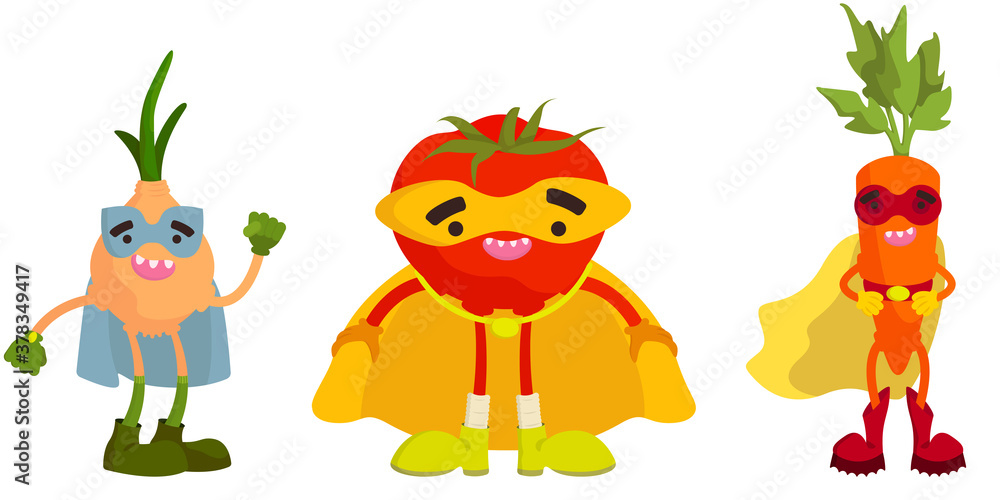Fototapeta premium Set of superhero vegetables. Onion, tomato and carrot in cartoon style.