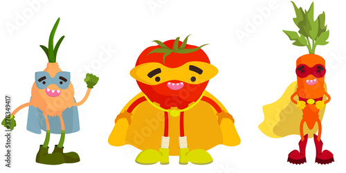 Set of superhero vegetables. Onion  tomato and carrot in cartoon style.