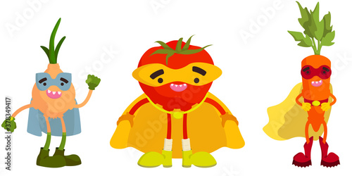 Set of superhero vegetables. Onion, tomato and carrot in cartoon style.