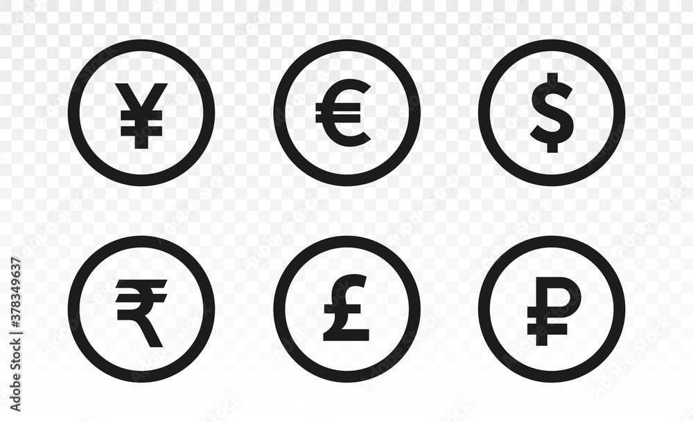 Currency icons. Collection of currency symbols - dollar, euro, pound, rupee, yuan, ruble. Cash icon. Currency exchange symbol. Coins icon. Finance symbol. Currency symbol. Bank payment symbol. Currency icons. Collection of currency symbols - dollar, euro, pound, rupee, yuan, ruble. Cash icon. Currency exchange symbol. Coins icon. Finance symbol. Currency symbol. Bank payment symbol.