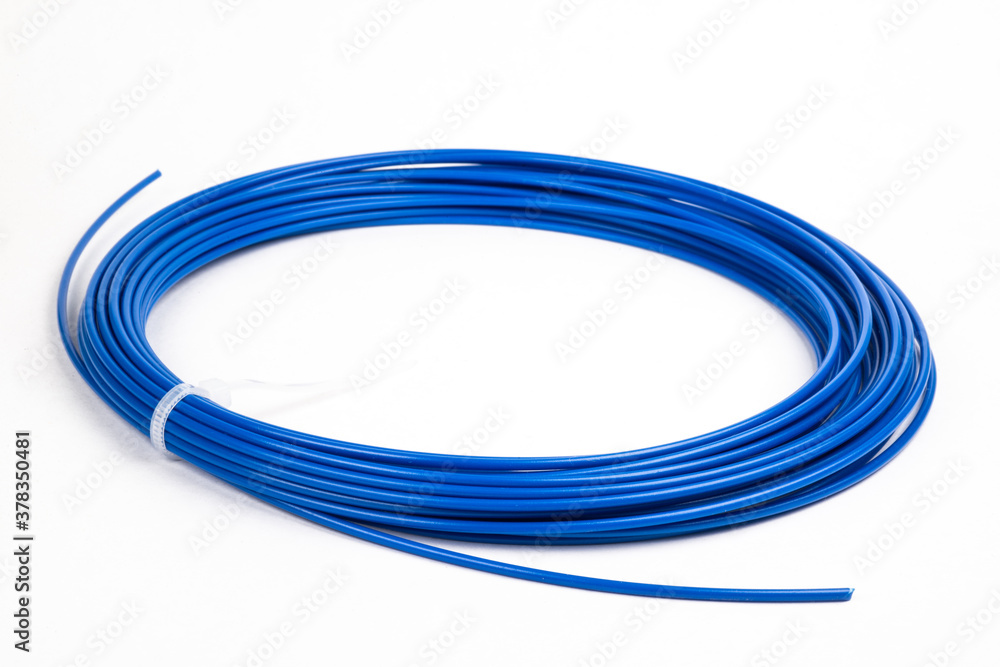 Top view of blue rolled filament plastic for 3D Printing Pen isolated on white. - obrazy, fototapety, plakaty 
