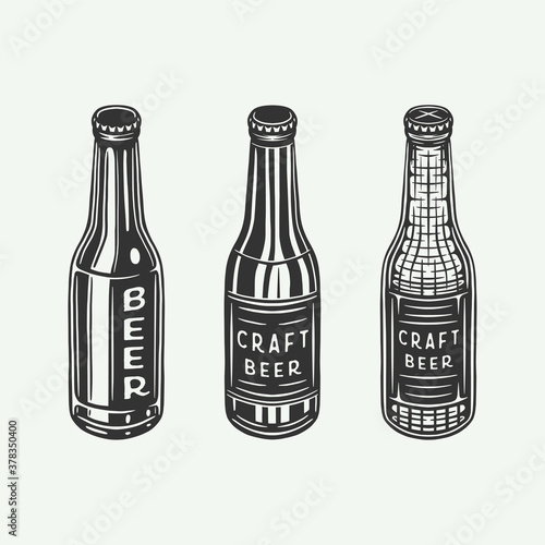 Vintage retro beer bottles or drink bottles. Can be used like emblem, logo, badge, label or mark. Also can be used like poster or print. Monochrome Graphic Art. Vector Illustration..