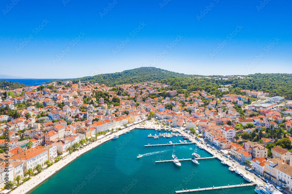 Aerial view of town of Mali Losinj on the island of Losinj, Croatia, marina and sail boats on Adriatic coastline