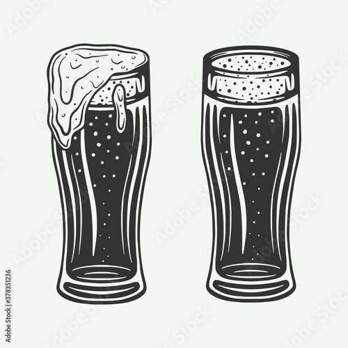 Vintage retro beer or drink glasses mugs. Can be used like emblem, logo, badge, label or mark or poster and print. Monochrome Graphic Art. Vector Illustration..