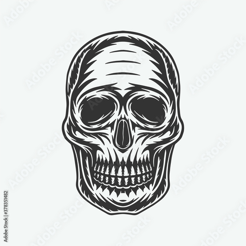 Vintage retro scary skull head anatomy. Can be used like emblem, logo, badge, label. mark, poster or print. Monochrome Graphic Art. Vector Illustration..
