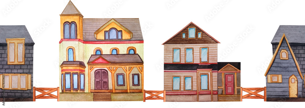 Watercolor seamless border with wooden houses isolated on white background. Border with houses in different styles.

