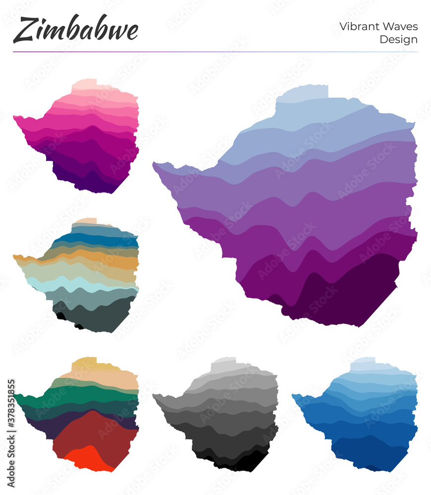 Set of vector maps of Zimbabwe. Vibrant waves design. Bright map of country in geometric smooth curves style. Multicolored Zimbabwe map for your design. Attractive vector illustration.