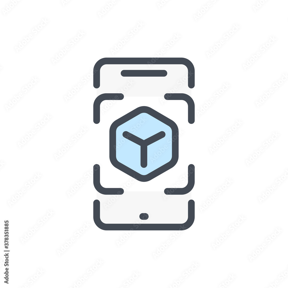 Fototapeta premium Augmented reality color line icon. Mobile phone with Cube scanning vector outline colorful sign.