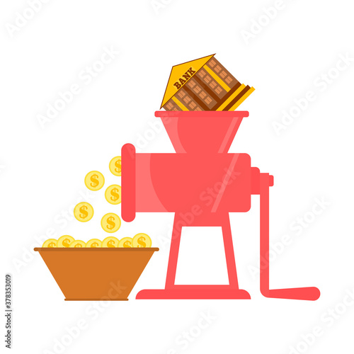 The bank building falls into a mincer and money is made. Finance and business concept. Vector illustration.