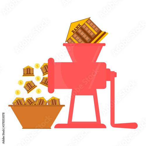 The bank building falls into a mincer and many small buildings banks is made. Dollar coins. Finance and business concept. Vector illustration.