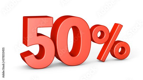 Red 50 percent isolated on white background. Discount fifty percent. 3d render