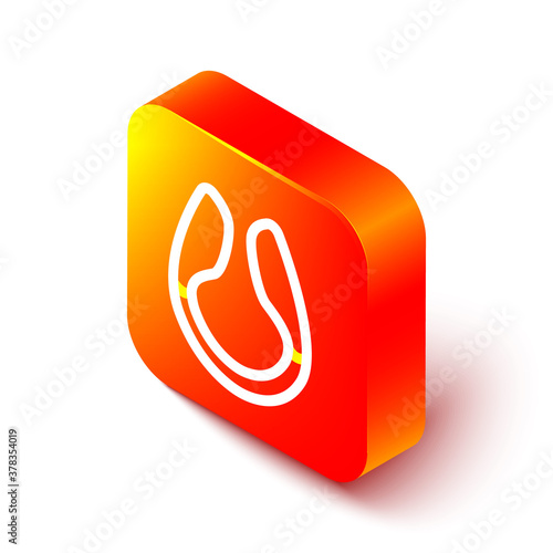 Isometric line Dildo vibrator for sex games icon isolated on white background. Sex toy for adult. Vaginal exercise machines for intimate. Orange square button. Vector Illustration.