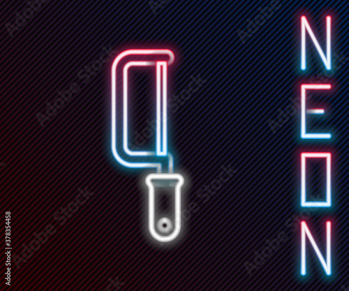 Glowing neon line Hacksaw icon isolated on black background. Metal saw for wood and metal. Colorful outline concept. Vector Illustration.