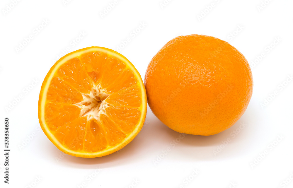 Oranges and half cut oranges on the background