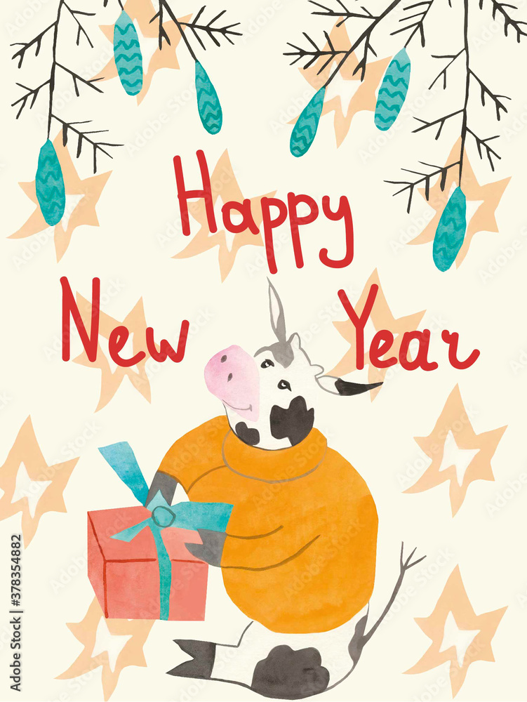 Obraz premium Postcard with watercolor New Year bulls with spruce branches and cones.Christmas cows in blue, orange, brown colors, festive cute bulls on a cream background. 2021 hand drawn sign of the year.