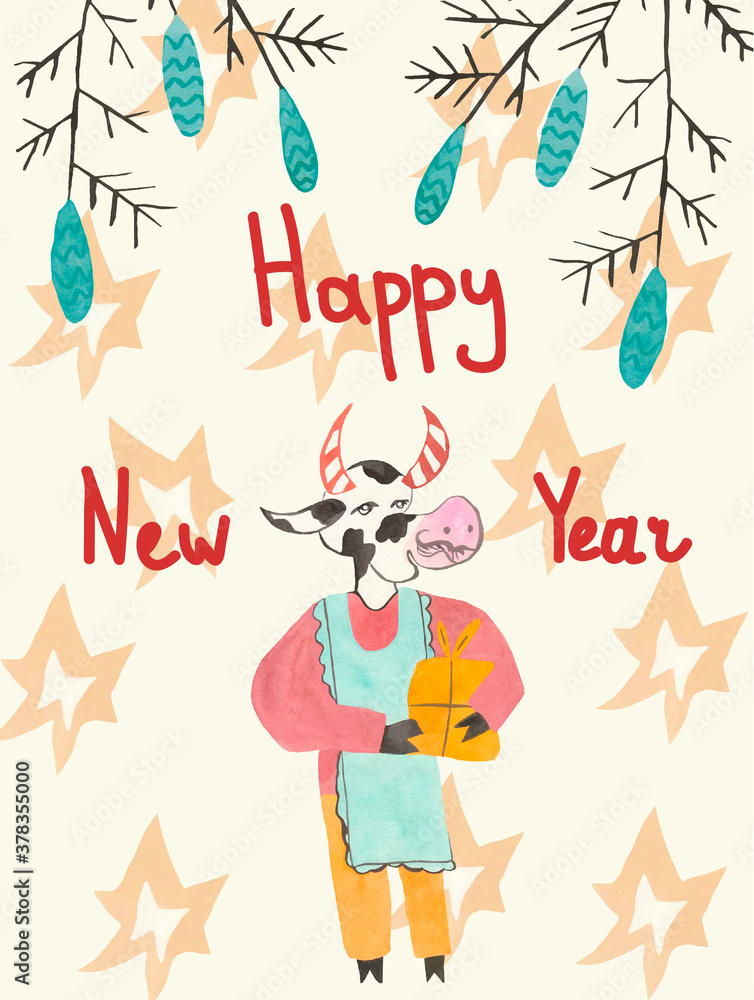 Card with watercolor New Year bulls with spruce branches and cones.Christmas cows in blue, orange, brown colors, festive cute bulls with gift on a cream background. 2021 hand drawn sign of the year.