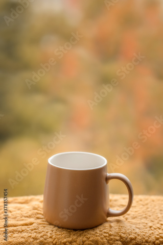 a brown mug near the window. fall