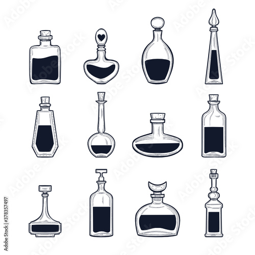 Hand drawn potion bottles set, vector illustration