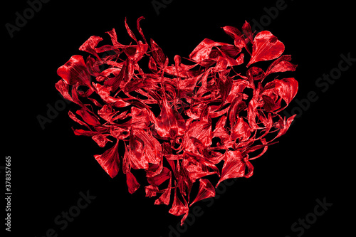 Red heart made of flower petals on black background isolated close up, beautiful heart shape floral pattern, valentines day sign, love symbol, romantic holiday decoration, greeting card design element