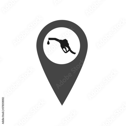 Gray location pin and gasoline pump gun on white background