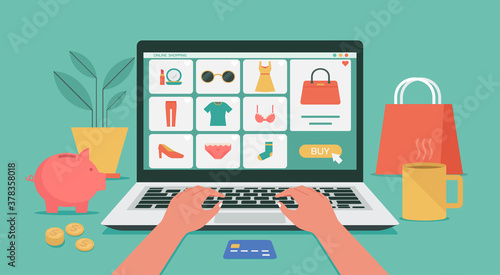 human hand using laptop computer for online shopping, women fashion products on e-shop with icons and goods concept, vector flat graphic illustration