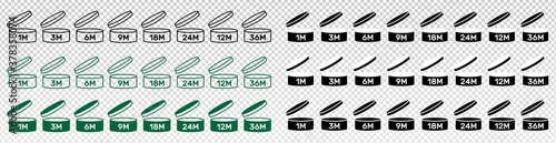 Period after open icons set. PAO symbols. Round box with cap opened. Expiration period in months signs for cosmetic packaging on transparent background.