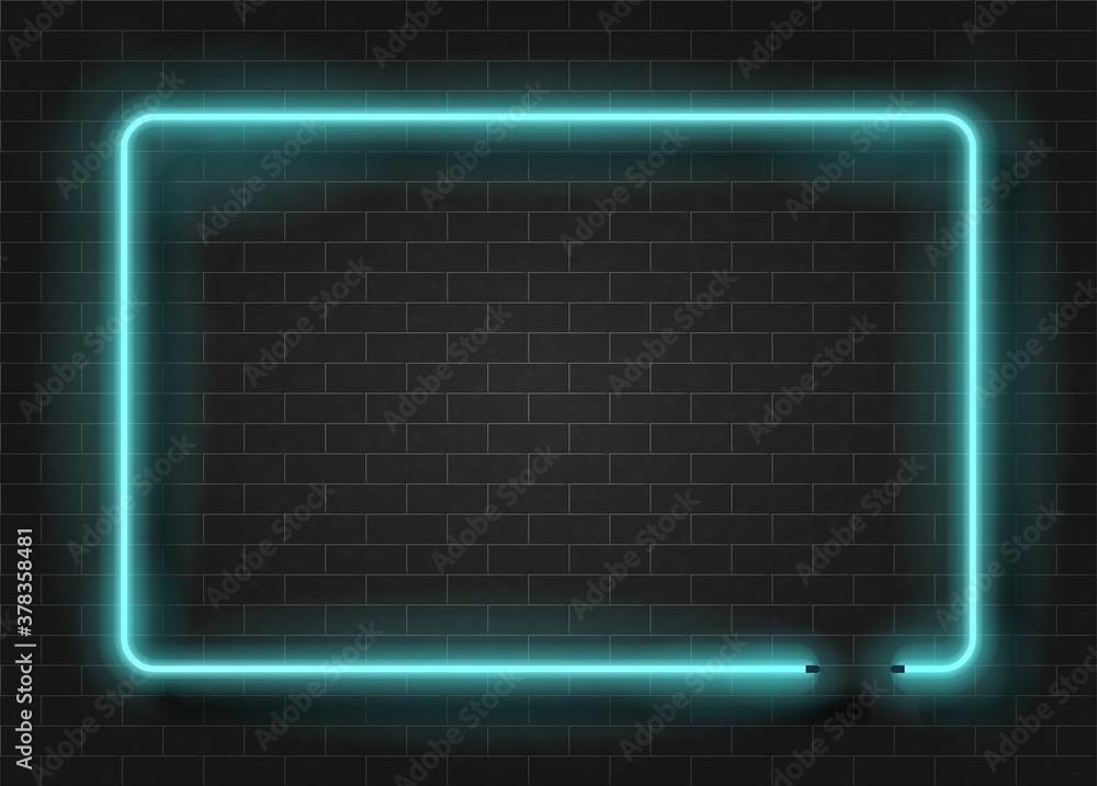 Neon light rectangle template on dark brick wall Neon light rectangle template on dark brick wall
