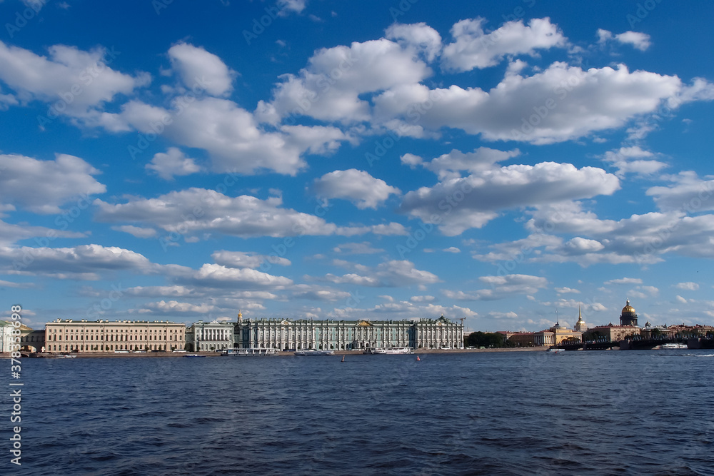 Hermitage Museum and blue sky with clouds viewing from a sightseeing cruise, St Petersburg, Russia. June 14, 2018.