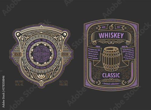 Two stylish vintage whiskey labels. Logo template design for alcohol bottle or can