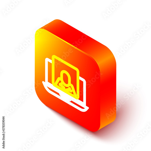 Isometric line Online psychological counseling distance icon isolated on white background. Psychotherapy, psychological help, psychiatrist online consulting. Orange square button. Vector.