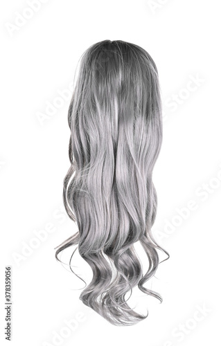 long curly blond wig on a white background photo