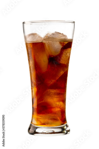 carbonated drink with ice in a glass isolated on white background