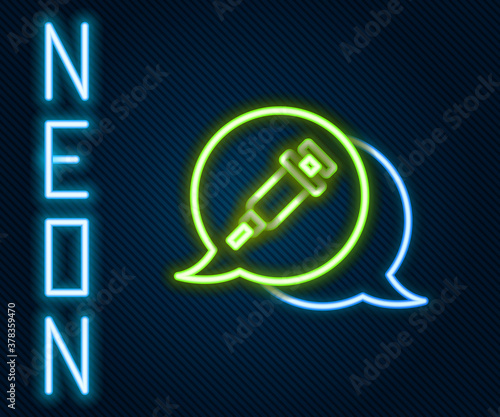 Glowing neon line Addiction to the drug icon isolated on black background. Heroin, narcotic, addiction, illegal. Sick junkie with a syringe and medical pills. Colorful outline concept. Vector.