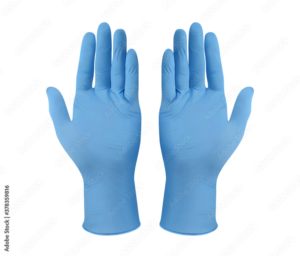 Medical nitrile gloves.Two blue surgical gloves isolated on white