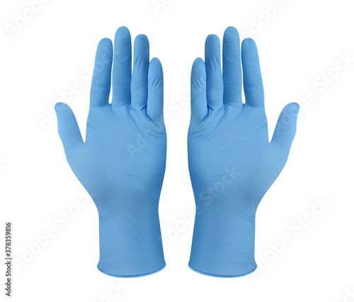 Medical nitrile gloves.Two blue surgical gloves isolated on white background with hands. Rubber glove manufacturing, human hand is wearing a latex glove. Doctor or nurse putting on protective gloves