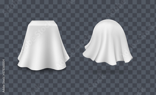 Draped table covers. Big realistic pair hanging napkin, tablecloth, curtain.