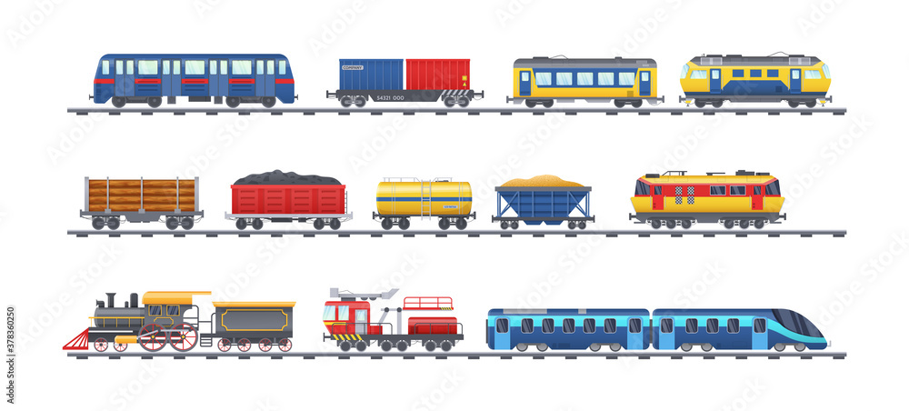 Freight train with wagons, tanks, freight, cisterns. Railway locomotive train with oil wagon, transportation cargo, railway crane for lifting cargo, transport locomotive, subway metro vector Freight train with wagons, tanks, freight, cisterns. Railway locomotive train with oil wagon, transportation cargo, railway crane for lifting cargo, transport locomotive, subway metro vector