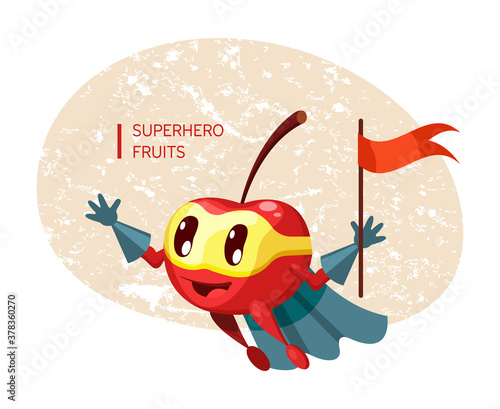 Funny cartoon character fruit cherry in superhero costume at masks emotion with flag in hand. Vegetable character product fun food costume vector illustration