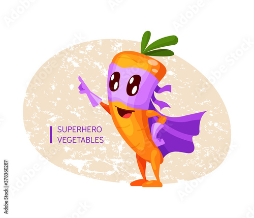 Funny cartoon character fruit carrot in superhero costume at masks emotion points with hand. Vegetable character super hero product fun food costume vector illustration