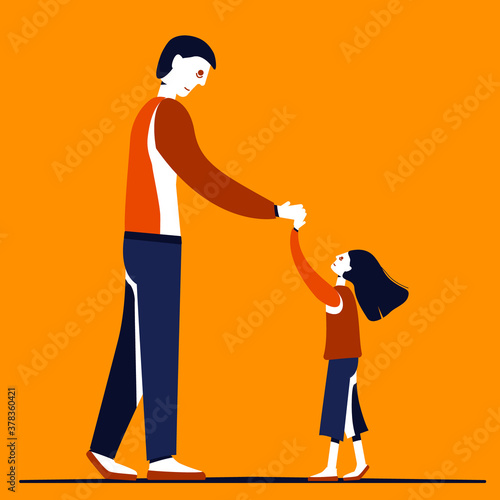 Characters illustration, vector people. Father and daughter greet