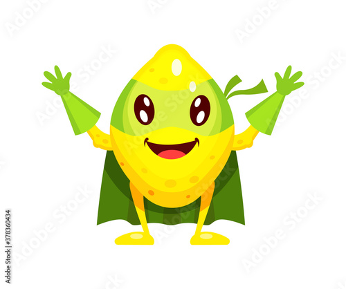 Funny cartoon character fruit lemon in superhero costume at masks emotion with hands up. Vegetable character super hero product fun food costume vector illustration