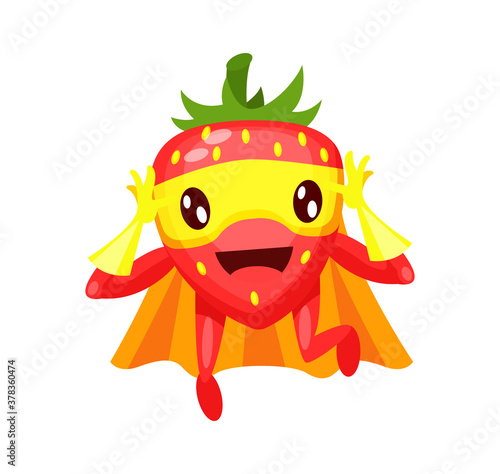 Funny cartoon character fruit plum in superhero costume at masks emotion with hands up. Vegetable character super hero product fun food costume vector illustration