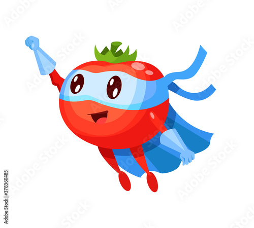 Funny cartoon character vegetable corn in superhero costume at masks emotion points with hand. Vegetable character super hero product fun food costume vector illustration