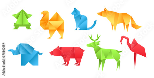 Origami animals different paper toys set frog, camel, bear, cat, deer, elephant, flamingo, wolf cartoon geometric game toys japanese paper origami wildlife vector