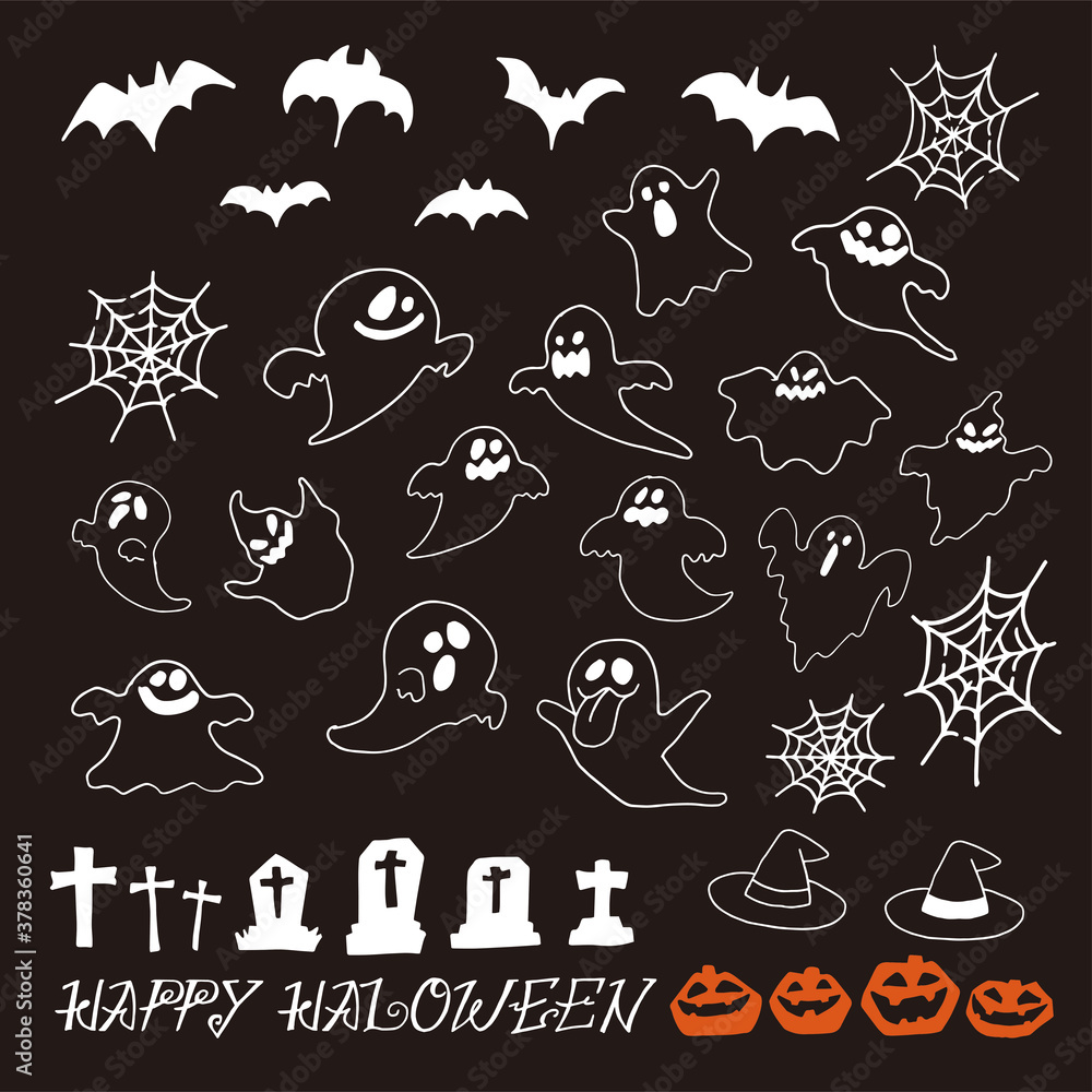 Fototapeta premium ハロウィンのイラスト素材 手書き風 白いライン 単色 ゴースト パンプキン お墓 かぼちゃ